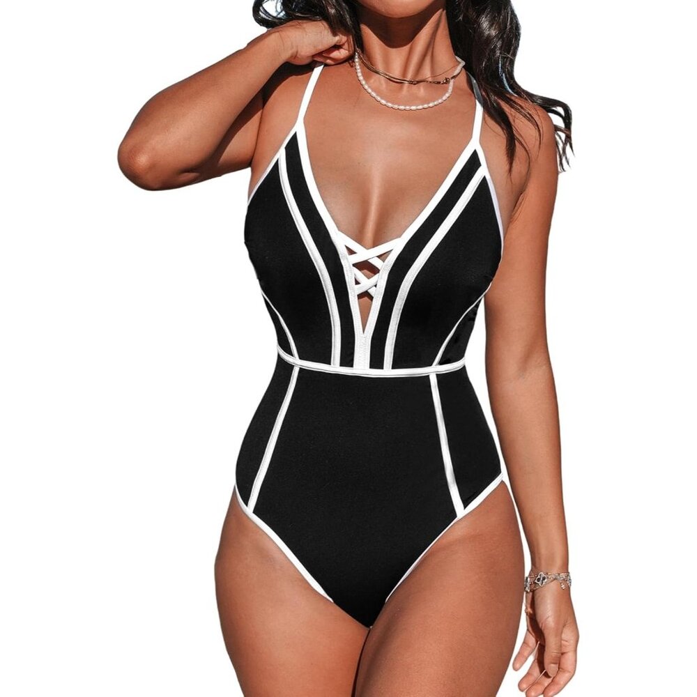 ✨ Women Black One Piece Swimsuit Plunging V Neck Crisscross Tie Bathing Suits